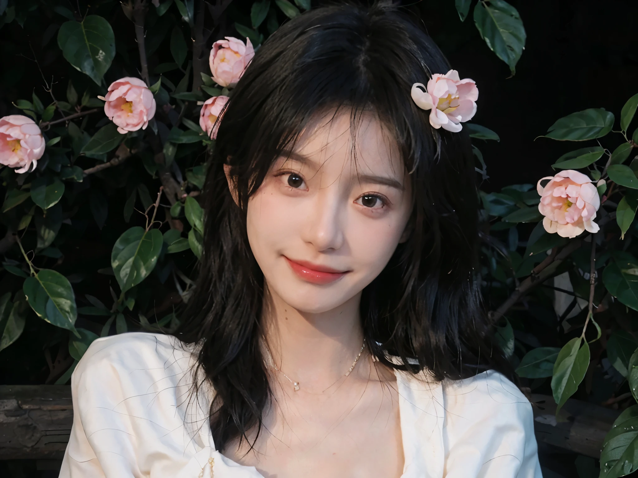 best qualtiy, Ultra-high resolution, (realisticlying:1.4),cute hairpin,Baoyu Girl,European style apartment,(flatchest:1.2) ,A pair of clear and moving peach blossom eyes,Royal Sister,sunshine on face,Big waves,(ln the forest:1.4),(choker necklace:1.2),(Fair skin:1.4),a sense of atmosphere,a beauty girl, ssmile,head straight-looking at viewer, closeup cleavage ,(Photorealistic:1.4),1girll,sexly,(Upper body:1.4),(Wet body),(:1.2)