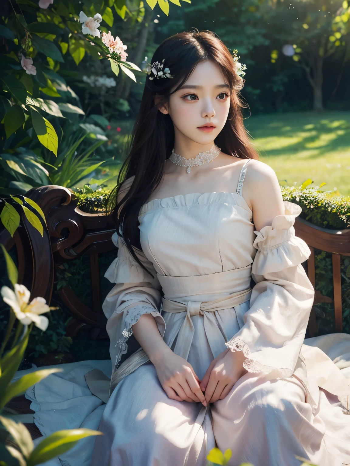 Jisoo from blackpink, girl, hair blowing in the wind, flowing dress, beautiful detailed eyes, dreamy expression, soft sunlight, artistic portrait, photorealistic, bokeh, vivid colors, creative lighting, romantic atmosphere, floral elements, ethereal beauty, waist-length hair, peaceful and serene, enchanted garden, delicate features, pure and innocent, lush greenery, fantasy world, magical ambiance, impressionist painting style