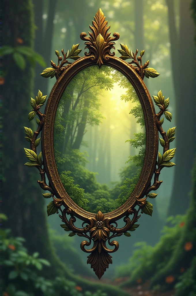 Illustration of a small, magical, antique mirror in the shape of a tree leaf