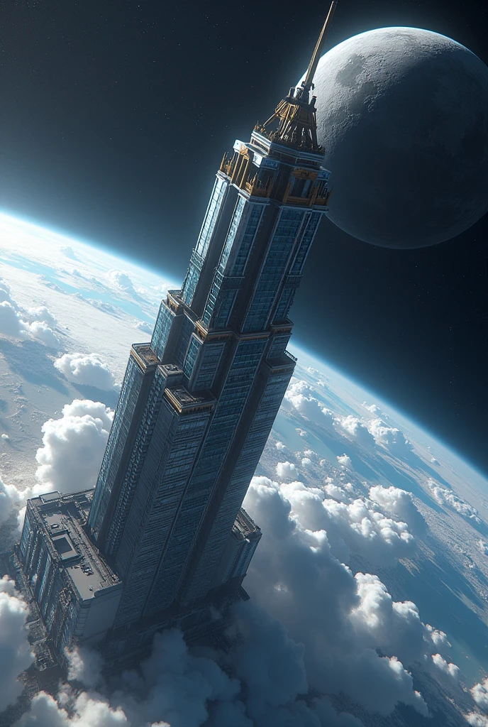 create a realistic image of planet earth from space. there is a skyscraper on planet earth. the skyscraper is very tall. The roof of a skyscraper is attached to the moon.