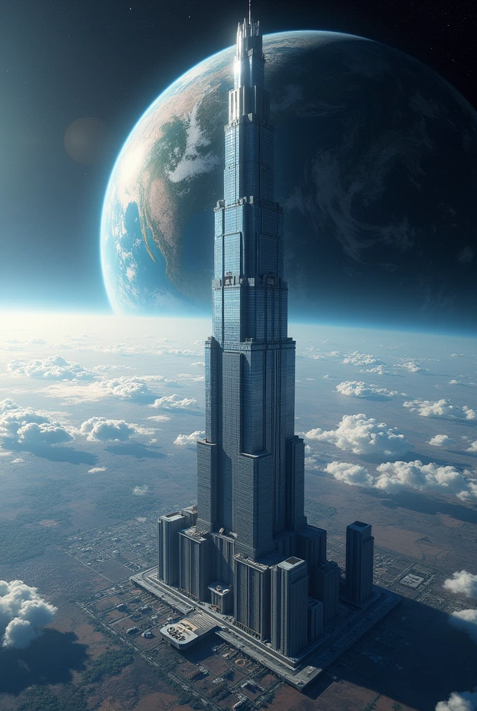 create a realistic image of planet earth from space. there is a skyscraper on planet earth. the skyscraper is very tall. The roof of a skyscraper is attached to the moon.