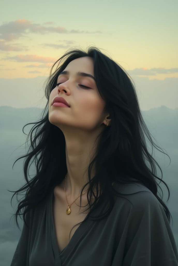 Create an image of a woman with long black hair, eyes closed, looking up at the sky..