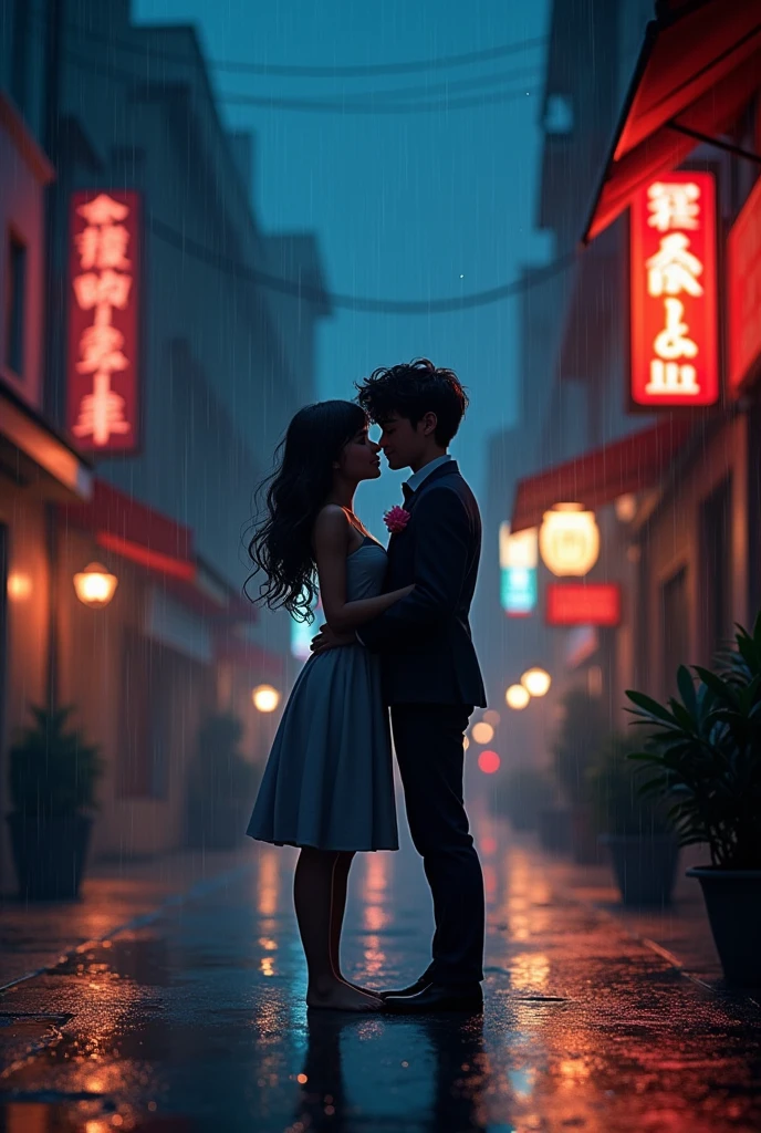 Dark rainy night with two couple romance animated