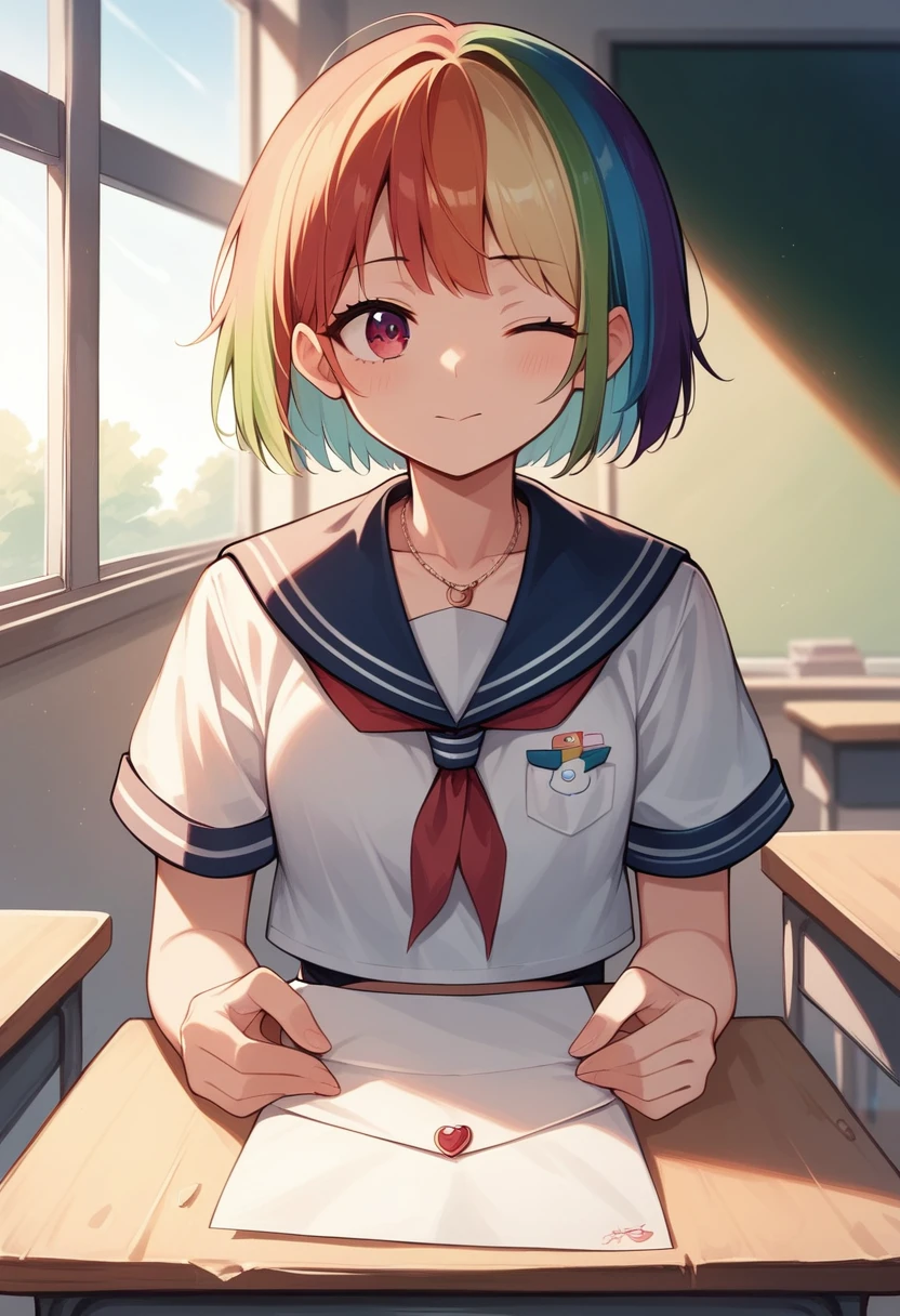 (((anime))) A woman winking,Hand over the letter,Gal,Short Hair,Messy short bob,(Rainbow Hair),Oblique bangs,One eye is hidden,Blushing,necklace,Rainbow Eyes,Big eyes Sailor suit,Volume sleeve,classroom,sunlight,masterpiece,Highest quality,Exquisite,8k,Absurd,Ultra-fine illustrations,(View your audience)