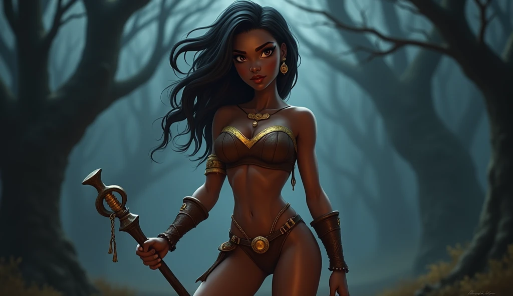 "Create a hyper-realistic, dark fantasy version of Diana the Acrobat from 'Dungeons & Dragons' (Caverna do Dragão), set in a gloomy, ominous environment inspired by the dark and mysterious world of the series. Focus on capturing the intricate details and textures of her face and body while preserving her iconic appearance. Diana should have her recognizable athletic build, with her dark brown skin glowing with a subtle sheen from the light. Her expression should be focused and determined, reflecting her agility and fearless spirit. She wears her iconic brown leotard with gold accents, faithfully recreated with realistic textures—soft, form-fitting fabric that shows slight wear from her adventures. The golden accents on her outfit should gleam subtly, adding a touch of brightness to the otherwise dark setting. Her leather boots and bracers should be detailed with visible stitching and slight scuffs. Her signature staff, held confidently in one hand, should appear sturdy and well-worn, with detailed carvings along its length. Pay close attention to the contours of her muscles, the texture of her outfit, and the determined look in her eyes to ensure a lifelike portrayal. The setting is a dark, misty forest typical of the 'Dungeons & Dragons' world, with towering trees, twisted branches, and an eerie fog. The background should evoke the series' blend of fantasy and danger, with the environment slightly blurred to keep the focus on Diana's detailed and realistic portrayal. The textures of her outfit, staff, and facial features should be central, while the environment enhances the dark and intense mood."