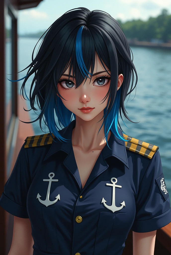 Create an image where you have one black hair and two blue streaks, with a mole on his chin, on a boat, eyes black, she is black river, not amazon, she is a naval engineer. 
without sexualizing. 
drawing style. Make her outfit with anchor designs. Reduces breast size