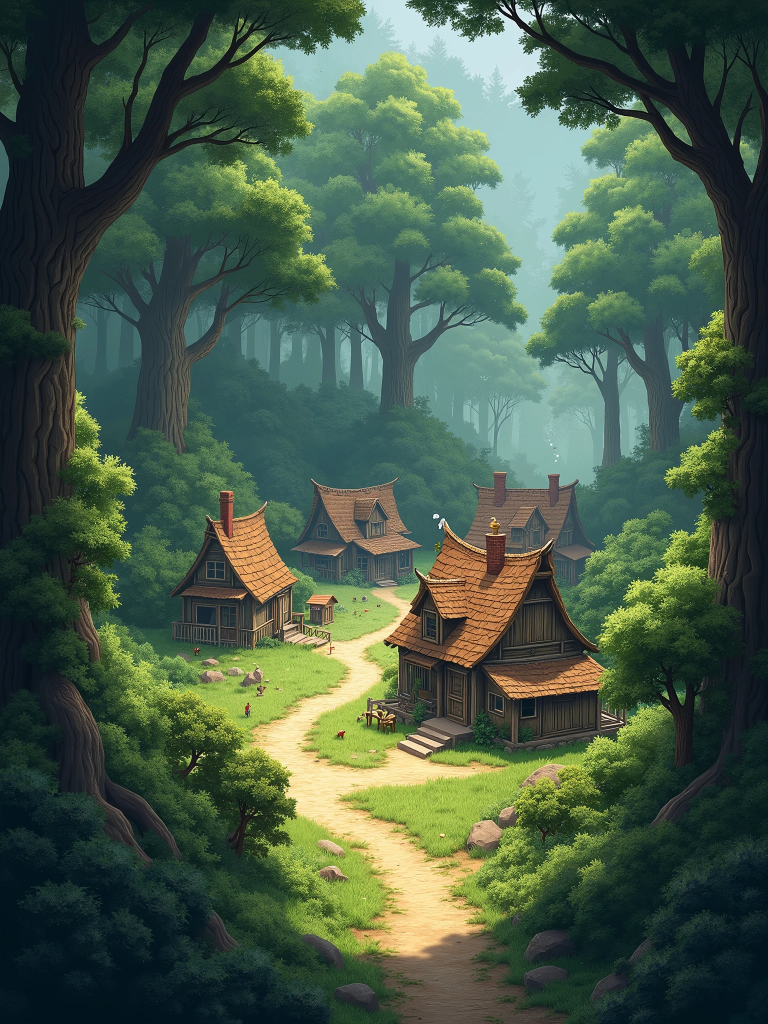 a small village in the heart of a dense forest - - ar16:9