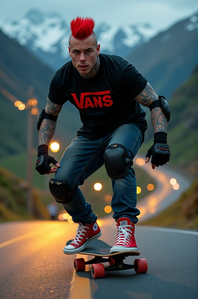 a young Punk skateboarding with red mohawk and upturned jacket covered in tattoos on his arms,he is bodys is fat , confidently riding a skateboard down a winding mountain road ferry fasted, framed by the night golden light of the street. He is wearing a black t-shirt with a vintage VAN logo on his chest and a bag on his back, and denims jeans and use red converse shoes. The man look at the camera, his hands protected by black gloves, adding a personal touch to the thrilling scene. He also wears knee and elbow pads, ensuring safety as he navigates the turns with ease. The background is midnight lanscape features rolling green hills and snow-capped mountains in the distance, creating a stunning contrast to the rider’s dynamic movements, amplifying the excitement. In the distance. The image exudes the thrill of downhill skateboarding, the beauty of the natural scenery, and the fearless energy of the rider, with an Instagram-worthy night atmosphere.