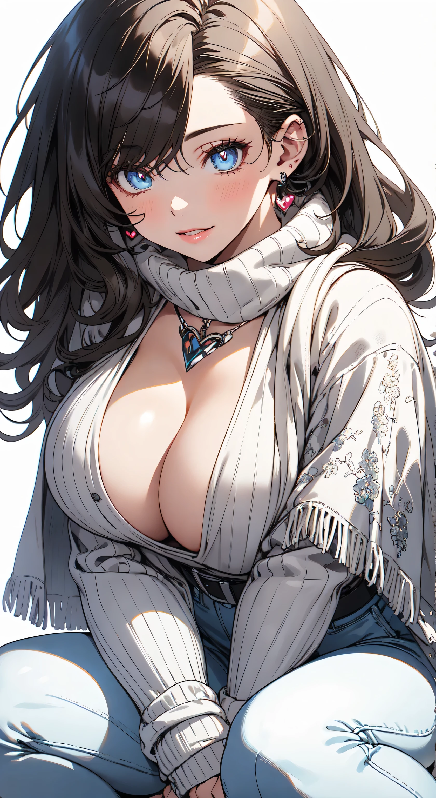 blue eyes with slit pupils, (highest quality, masterpiece painting:1.3), immature woman, , (half body shot), masterpiece, ultra high resolution, (Photoreal:1.0), ((light brown hair)),straight hair, beautiful shining hair, white and shining skin, ((Ultra realistic details)), octane rendering, highly detailed face, (big breasts:0.8), (make a heart with hands), Blanket Scarf Wrap, A large, cozy blanket scarf in a plaid or checkered pattern, Wrap it around your neck or drape it over your shoulders for warmth, Style with a chunky knit sweater, skinny jeans, and knee-high riding boots for a cozy winter look, open neckline, cleavage, perfect body, soft skin, White cherry blossom embroidery pattern, silver earrings, (pure white background:1.4), sharp focus, intricate details, professional artwork, (bright colors:1.1), bright colors, diffused lighting, digital blending, ultra-definition body, ultra detail hair, super detailed face, trending on pixiv, top button open, Cute gaze, compensate, perfect lips, perfect compensate, Ultra-precision coating, (light_smile:0.8), ((Large breasts)) ((Super big boobs))