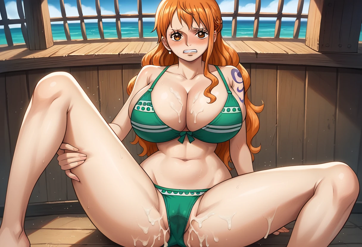 best quality, source_anime, 1girl, Nami, orange hair, huge breasts, sitting down, spread legs open, sea, pirate ship, from front, green bikini, sexual pose, hand on thigh spreading legs open, ((bra and panties puled to the side)), shy, blushing, seductive, teeth, cum, semen, orgasm, looking at viewer, navel, insertion