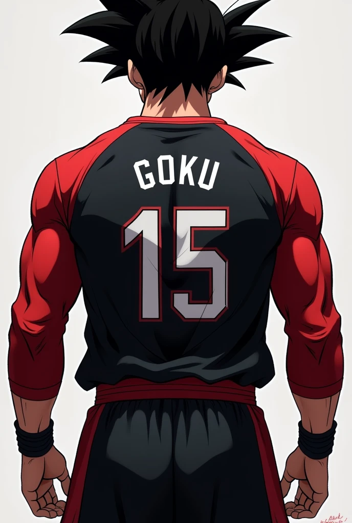Make a person showing his backside with a jersey coloured with black and sleeves red coloured with a jersey number 15 in white colour with the name GOKU in white colour and below the jersey number written in small fonts immortal souls in capital