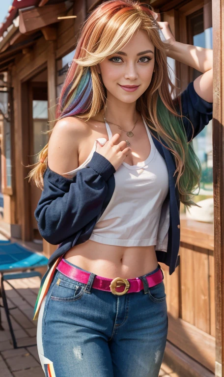 (The best quality, 4k, 8k, High Resolutions, masterpiece:1.2), ultra detailed, detailed face, Detailed lips and eyes..........., cute makeup , attractive appearance, expressive face, realist,
BREAK   ,Beautiful Caucasian woman with shoulder length messy wavy pink hair, , beautiful athletic  girl ,teenager with athletic body , Big pink eyes, clear skin, slim and athletic, hair that covers one eye,
BREAK  (dynamic pose),  medium breasts , exprecion happy , Soft sunlight illuminating the scene, Subtle movement of the wind in the hair, happy expression, gloomy atmosphere, kindly, Natural lighting that emphasizes your features..........., Subtle shadows that add depth and dimension to the image....... , beautiful girl  , mlp Rainbow dash , rainbow colored hair , rainbow colored hair , usa motorcycle clothing , motorcycle , small black jacket , wear a blue shirt , blue jeans , long boots with heel  , posa arriba de motorcycle , Sunset , forest ,  Whole body ,mlp , Rainbow dash ,  Whole body , motorcycle clothing , moto , park , wear makeup , blue eye shadow , foto de Whole body , Nice smile , happy , happy