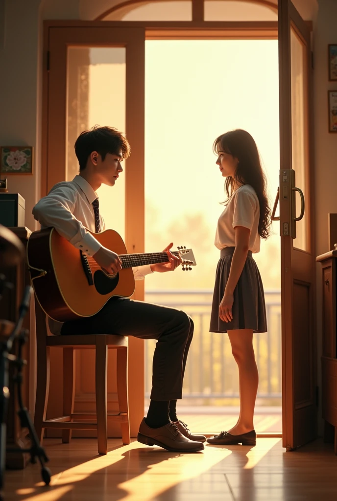 A very handsome boy wearing a Korean school uniform is sitting in the music club room. He is playing the guitar as sunlight streams in through the window, making the atmosphere in the room feel warm and peaceful. Anime No Piano Later, a young girl wearing a Korean school uniform walks into the music club room. The door is wide open. She stands at the door, pausing when she sees Yunho playing the guitar.