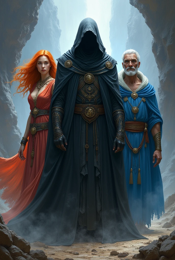 A man in a mysterious black cloak stands next to his two allies ready to fight, one of them is a woman with orange hair and a colorful robe and the other is a wise man in a blue robe. 