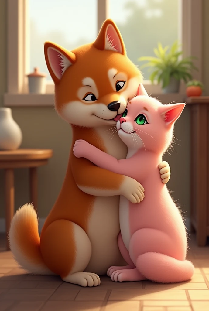 Draw a realistic photo of a Shiba inu dog hugging a pink Egyptian cat