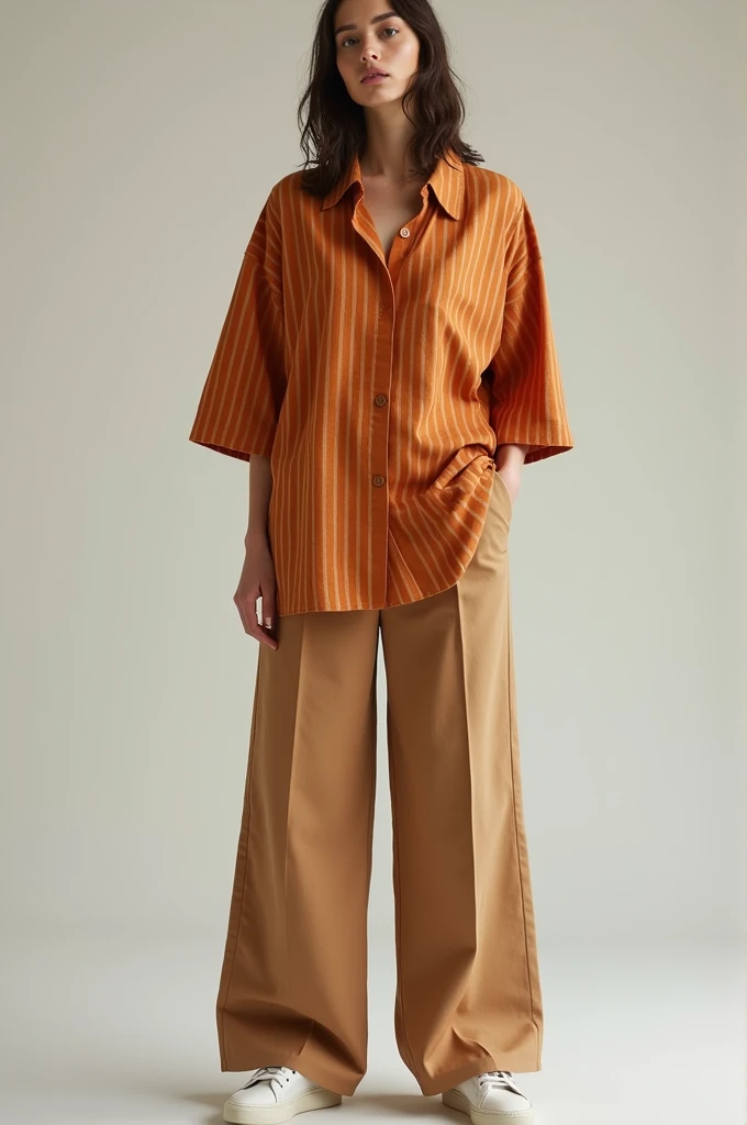 Tortoise colour shirt made of heavy cloth having wide vertical strips embedded in the clothing, paired with light brown plazo of same heavy soft material  paired with white sneakers 