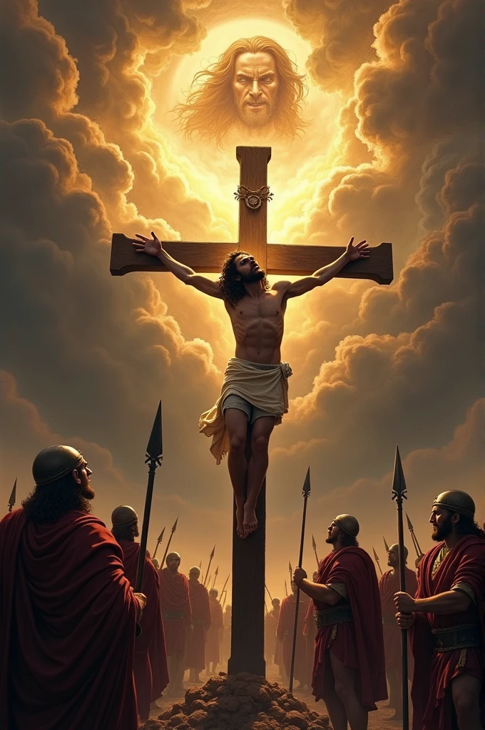 Jesus Christ on the cross looking up and the sky full of clouds illuminated by the sun and the Roman soldiers pointing spears at Jesus and in the middle of the clouds God is very angry