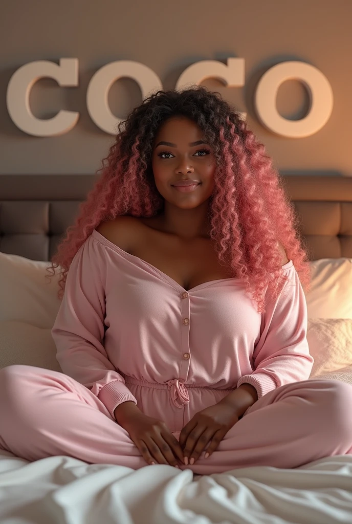 (photorealism:1.2), beautiful brown skin plus size woman, sitting on bed, wearing loose off-shoulder top, pajama pants, long pink curly hair, indoors, with the words COCO on the wall