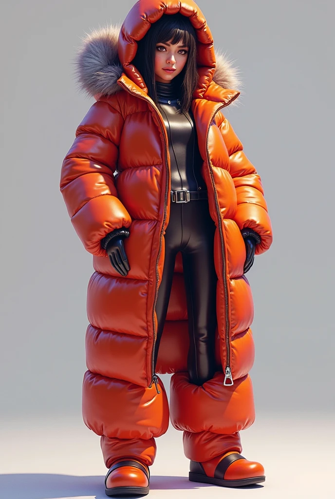 full picture, realist, Tracer from Overwatch zipped-shut inside her hooded glossy overfilled thick duvetica down vest covering over her glossy longsleeved latex topwear, her shiny legging, her full-foot glossy hyper padded overfilled thick inflated puffer slipers, a masterpiece, high details, high quality, high resolution