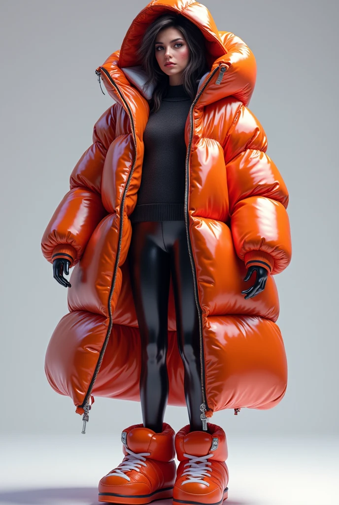 full picture, realist,  Tracer from Overwatch zipped-shut inside her  hooded glossy overfilled thick duvetica down vest covering over her glossy longsleeved latex topwear, her shiny legging, her full-foot glossy hyper padded overfilled thick inflated puffer slipers, a masterpiece, high details, high quality, high resolution 