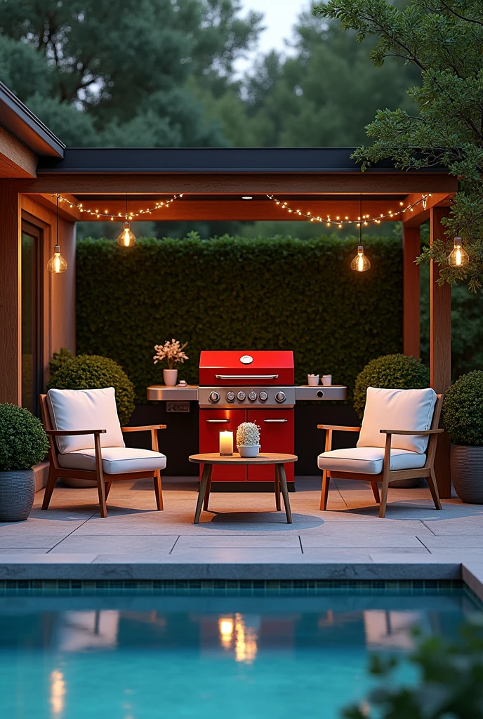 An image where there is a patio with a pool, a red grill, chairs with lights and a table 

