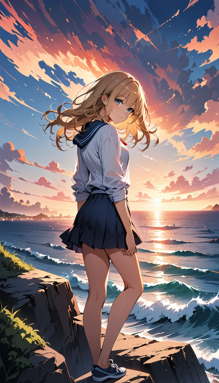 1 girl,alone,blue sky, Ocean, Short skirt, (Highly detailed background:1.0), (Highly detailed background:1.0),