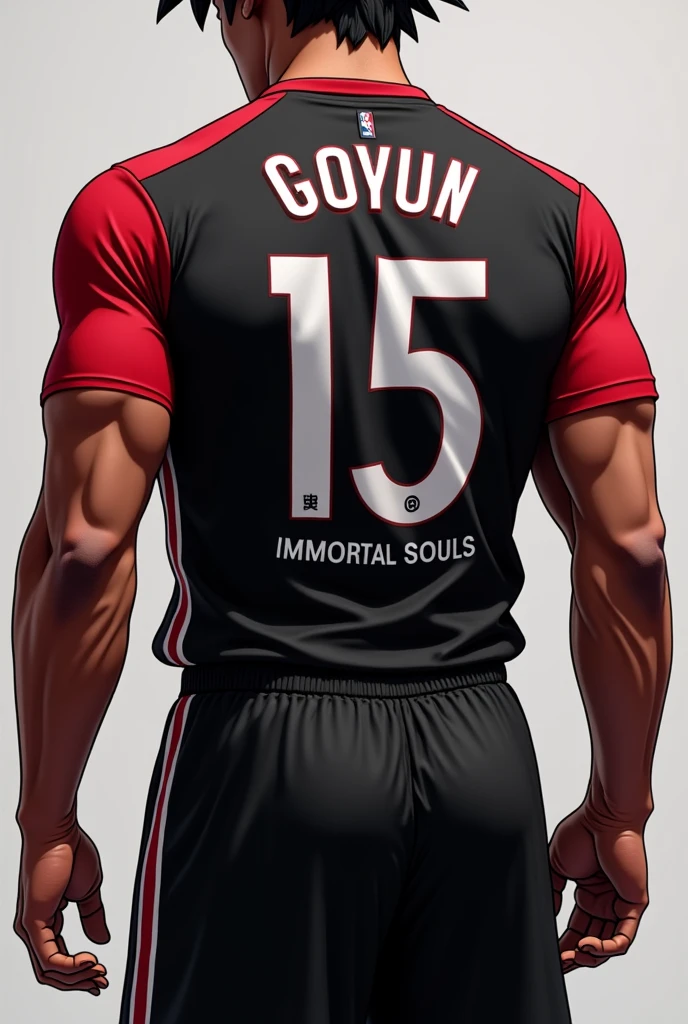 Make a person showing his backside with a jersey coloured with black and sleeves red coloured with a jersey number 15 in white colour with the name GOKU in white colour and below the jersey number written in small fonts immortal souls in capital 