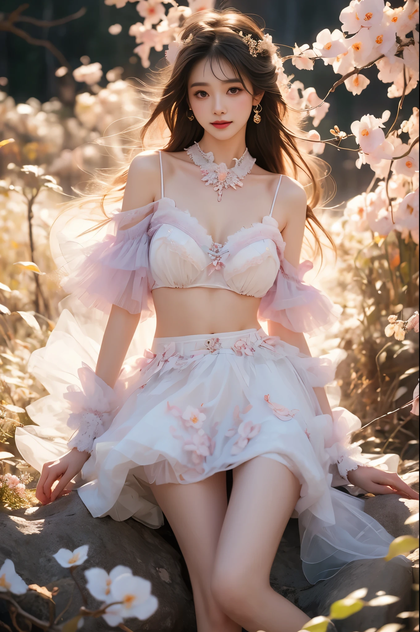 cold(Quality Improvement:1.4),1 Girl, Full breasts,Visible cleavage,Sexy long legs,The skirt is very short,She gently lifted her skirt with one hand,Surrounded by white Phalaenopsis orchids,Lilac dendrobium、White Lily, Flying petals,(Top quality leather), Delicate face,Black Hair, Gradient hair, Body,(Body1.1), He has a precious gem on his forehead.., outstanding student,Long eyelashes,Smile, Surrealism, Movie Lighting, Projection Insert, Surrealism, Ultra HD, masterpiece,lie,Keep dreaming,Open your legs slightly.,Tattoo,Fantasy Space,Luxurious space,Exquisite makeup,blush,Shy expression