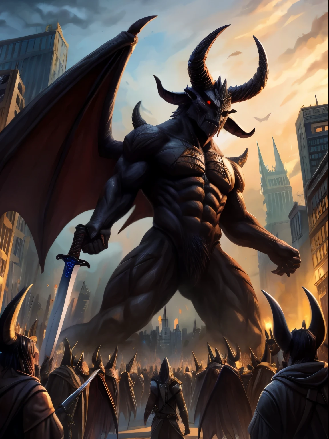 Giant Earth good Demon with Giants' Wings and Horns Spread Across a City and with a Sword in the Midst of a Large Crowd of People