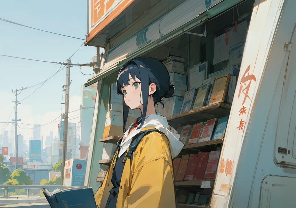((Highest quality)), ((masterpiece)), (detailed), One person, Ghibli-style anime with earphones、machine、reading、Ghibli-style illustrations、City Pop