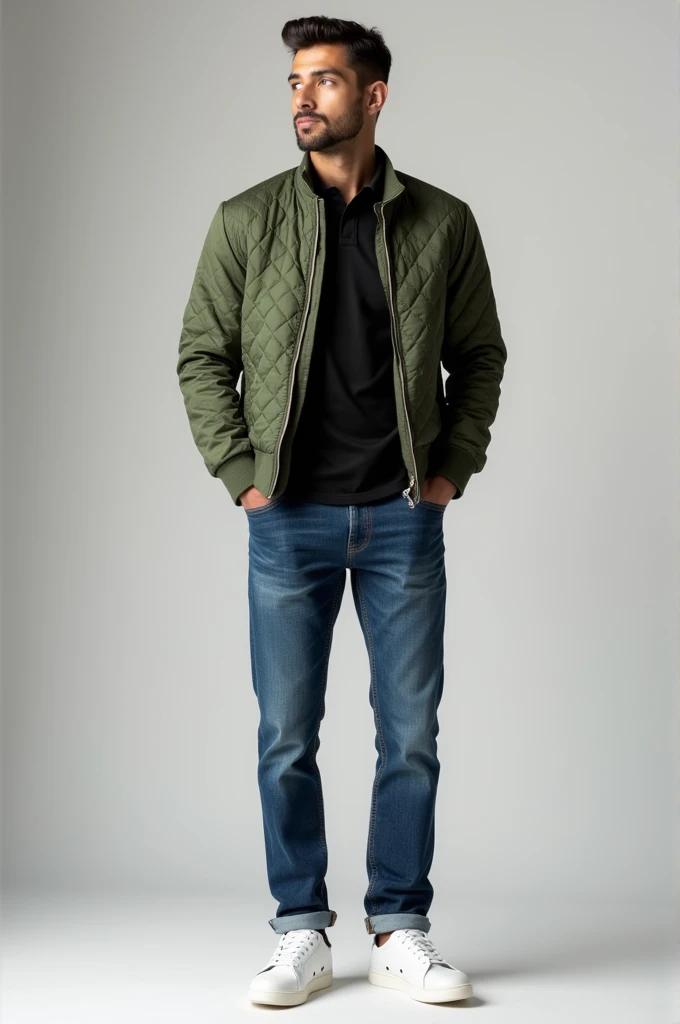 Combination of blue jeans with a black polo shirt and a green quilted jacket and white tennis shoes for men