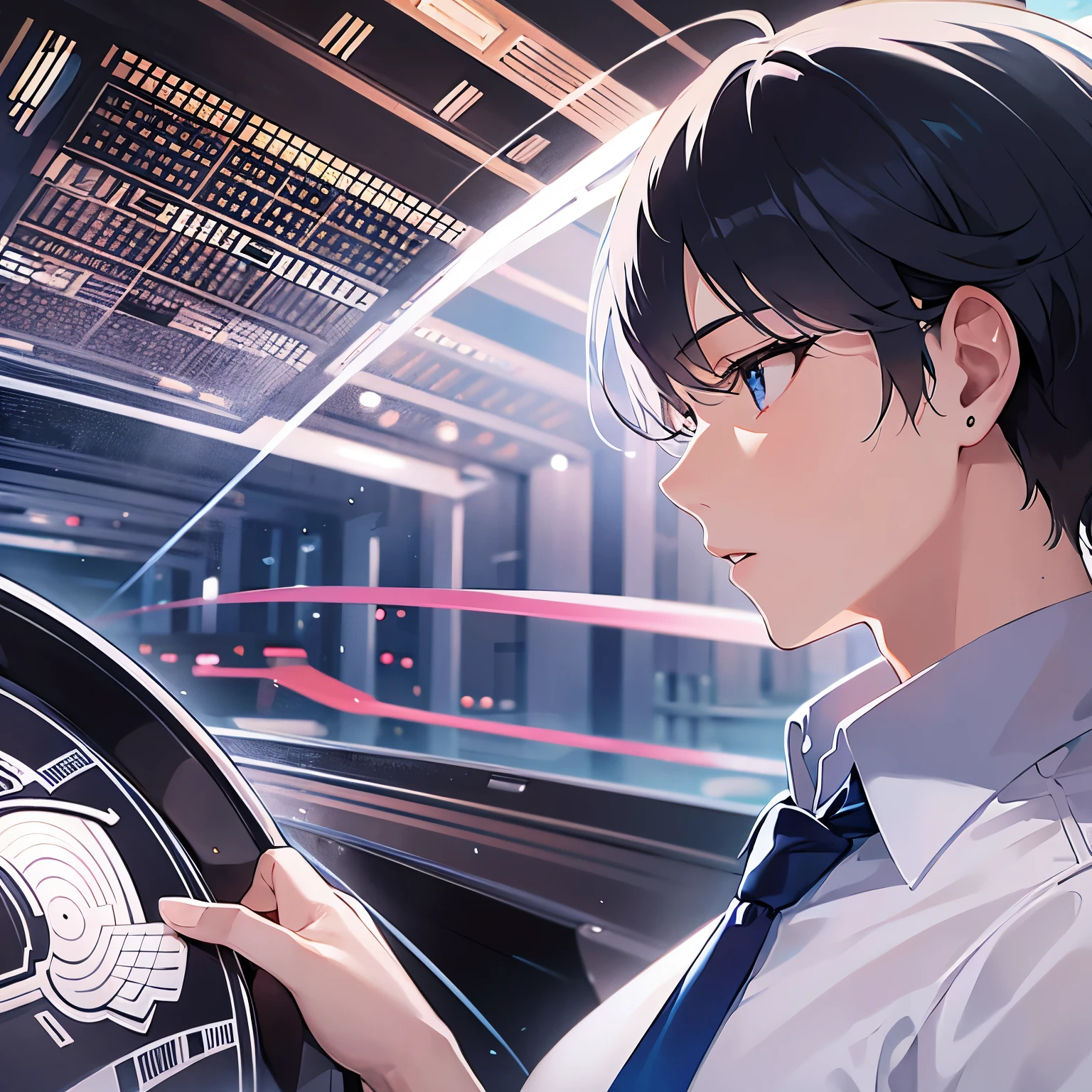 profile、I am driving a car、
shiny skin, masterpiece、Highest quality、
(2 male:1.5) and (Black short hair) and (blue eyes),
(white collared shirt) and (Blue tie)
Serious,(alone:1.5)
