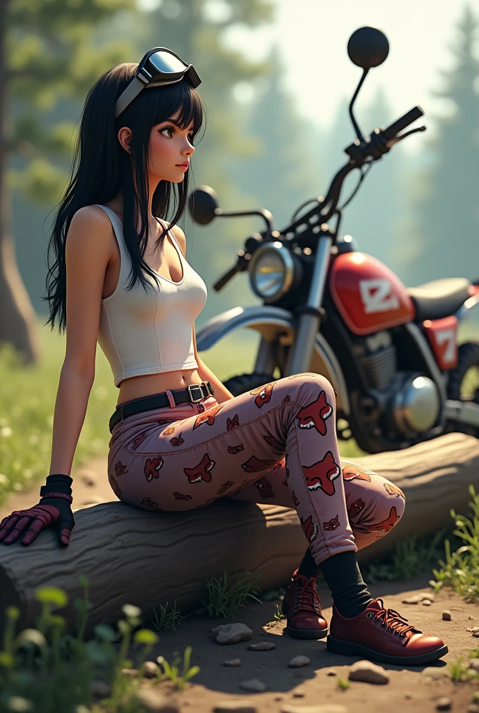 A white-skinned woman sitting on a fallen log with black hair and wearing a white tank top and fox motocross pants and motocross goggles on her head in a reclining position on her feet and next to a YZ motorcycle leaning against the same log and she with gloves in her hands