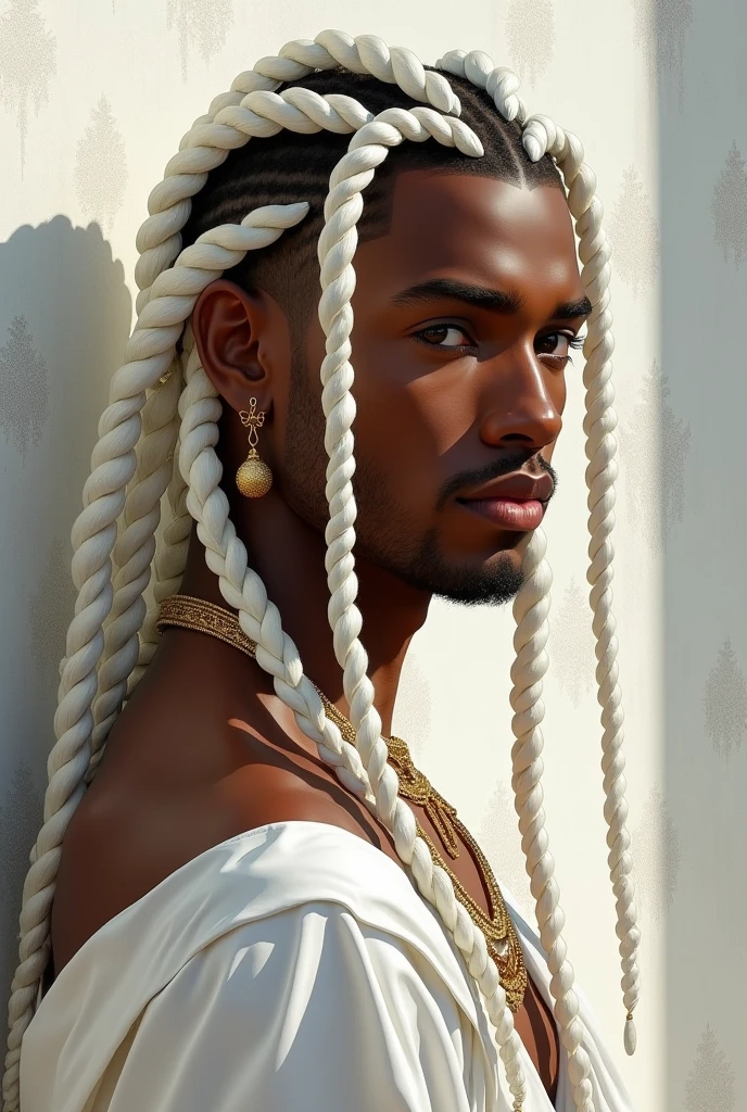 It's a man. Her hair is styled in long white braids that cascade down her shoulders.. His skin tone is dark and he wears gold earrings that catch the light.. he looks like he's 2. Masculine and fine features. He's dressed in a white outfit. The background is minimalist, featuring a patterned wall that provides a subtle backdrop to the theme. The young man's gaze is directed to the side and he has a serious expression on his face.. He's like a Greek demigod. 2D Art