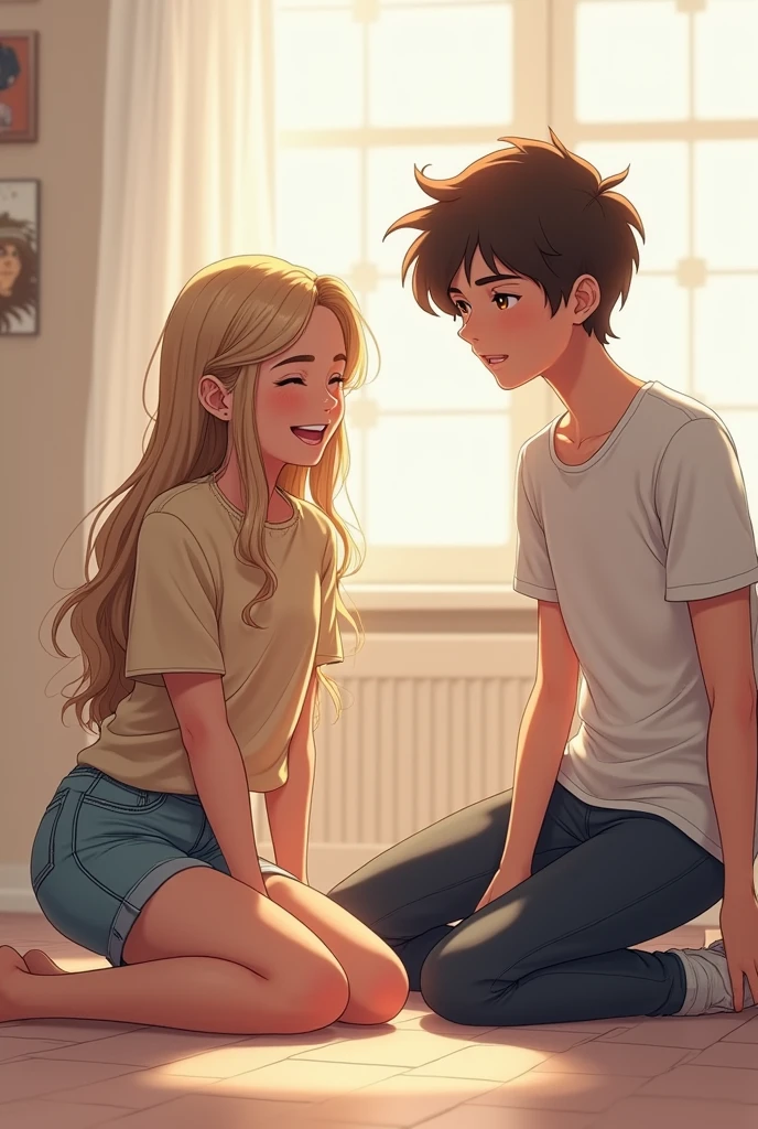 A ager lying on the floor laughing and a serious teen next to him