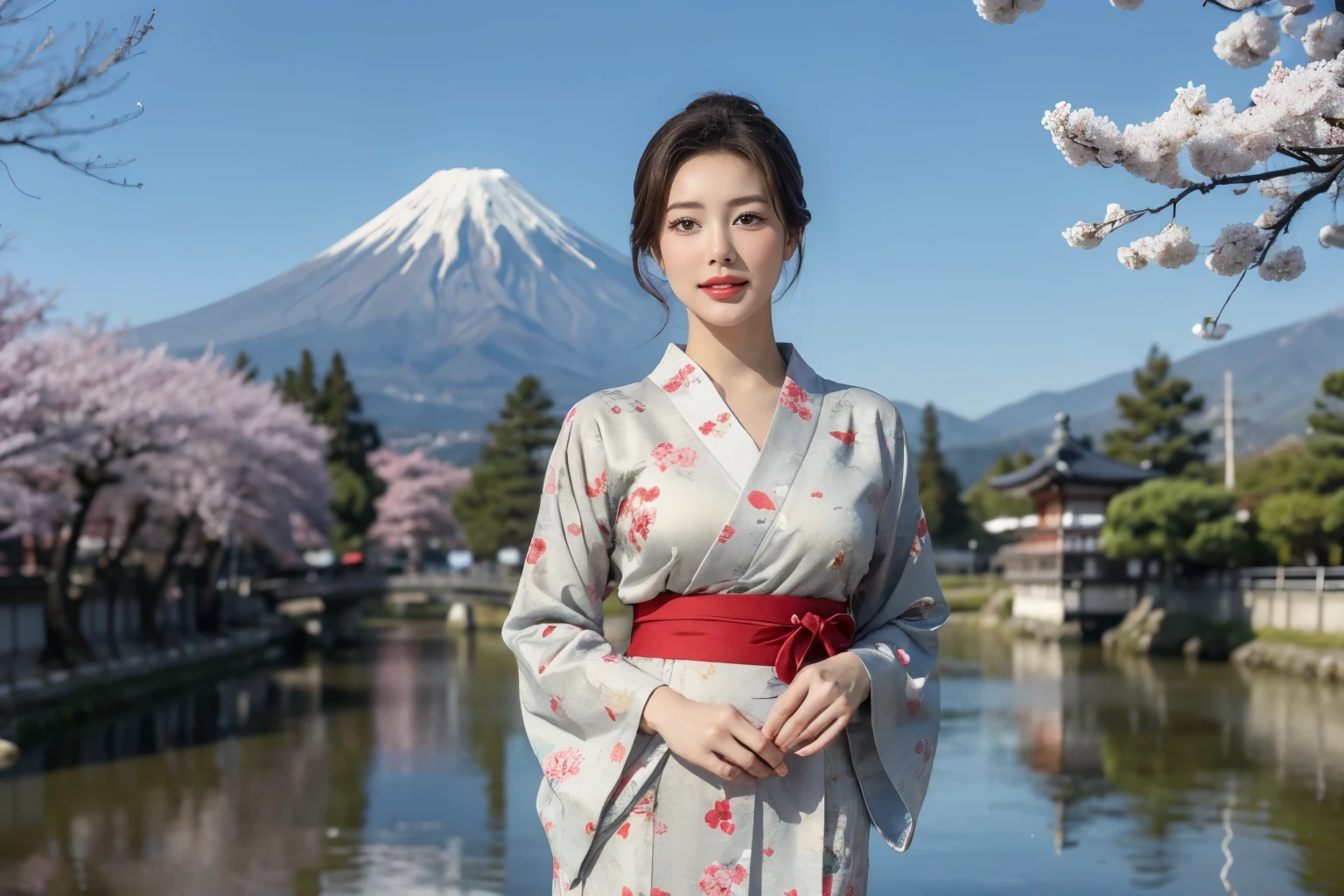 Create a photorealistic illustration featuring a mature woman with a Japanese hairstyle, standing gracefully under a cherry tree in Kyoto with Mount Fuji visible in the background. She has broad shoulders and is wearing a beautiful, detailed, long-sleeved red kimono. The woman is smiling softly, exuding confidence and elegance, while light snow falls around her, creating a serene morning atmosphere. The style should reflect a vintage pin-up art aesthetic, with a focus on high-quality, high-resolution details. The overall composition should evoke the charm and allure of 1950s pin-up art while maintaining a modern, refined look.