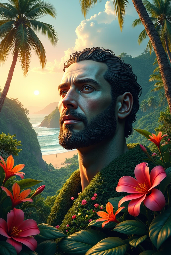 head of'artwork, best quality, sunny beach, Des palmiers vallonnés et des paysages tropicaux vibrants, Photorealistic, la photographie, sunny, dusk, Jungle tropicale, high resolution, flowers, Cinematic lighting