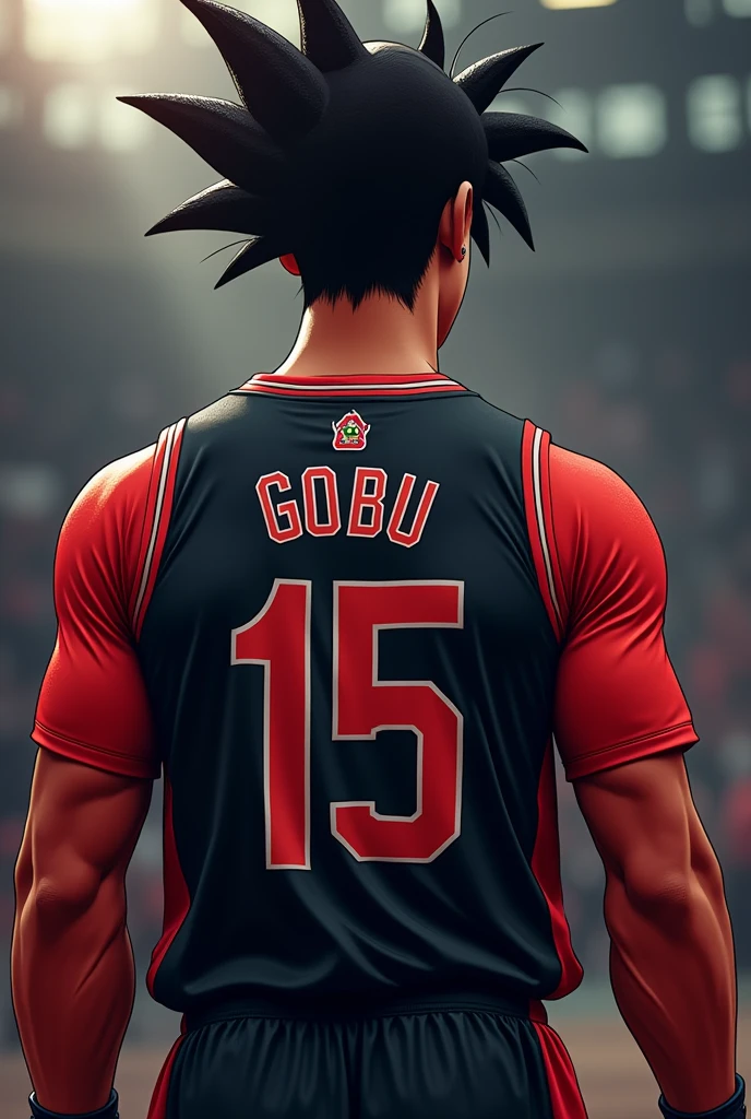 Make a person showing his backside with a jersey coloured with black and sleeves red coloured with a jersey number 15 in white colour with the name GOKU in white colour and below the jersey number written in small fonts immortal souls in capital