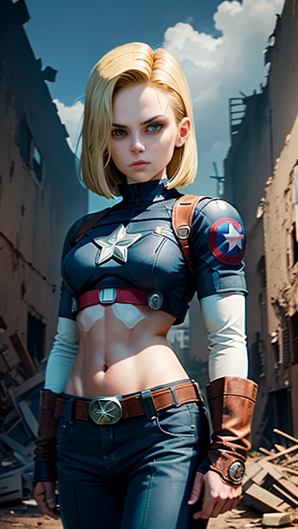 Android 18 Female version of Captain America background mechanical ruins, segurando o escudo do captain america