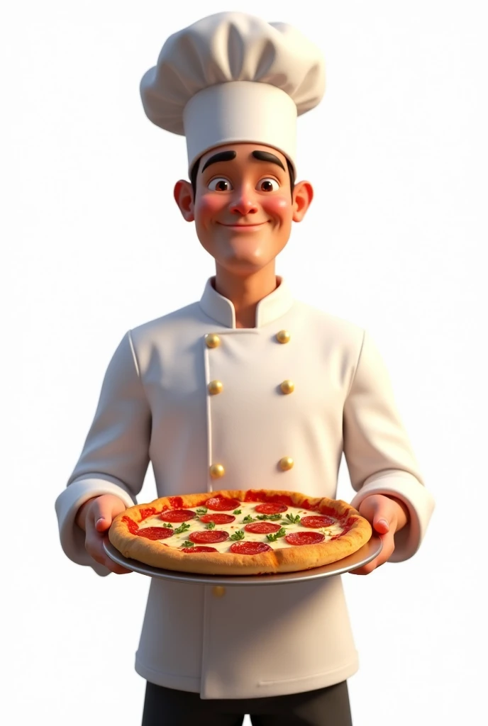 chefe de cozinha com uma pizza na mão, pixar style, 100% white background, HDR, soft light