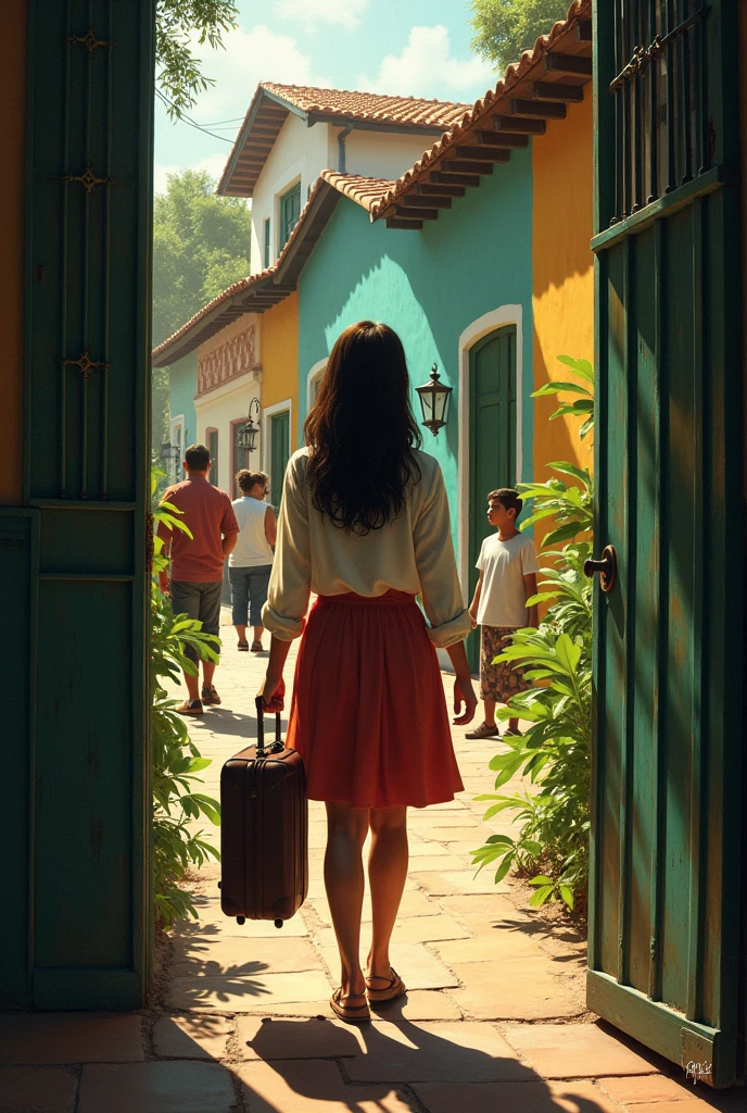 ### **Image 1: The arrival of Rebecca**
**Description:** Rebeca, a girl with a suitcase, arrives at the town of Macondo. The inhabitants welcome her at the door of the Buendía house. She carries with her the mysterious disease of insomnia plague. The scene shows a tropical environment, with lush vegetation and the houses of Macondo in the background.