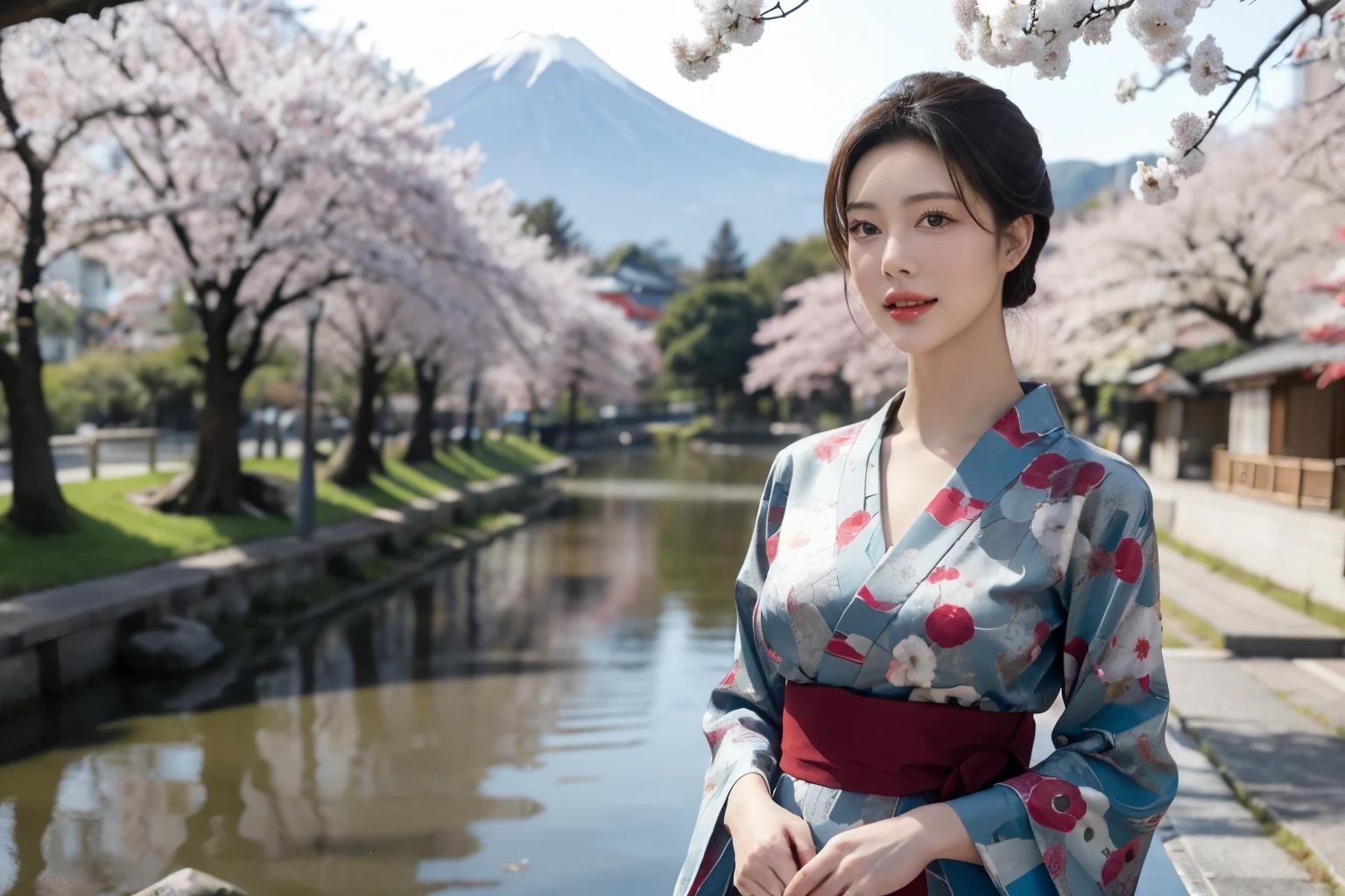 Create a photorealistic illustration featuring a mature woman with a Japanese hairstyle, standing gracefully under a cherry tree in Kyoto with Mount Fuji visible in the background. She has broad shoulders and is wearing a beautiful, detailed, long-sleeved red kimono. The woman is smiling softly, exuding confidence and elegance, while light snow falls around her, creating a serene morning atmosphere. The style should reflect a vintage pin-up art aesthetic, with a focus on high-quality, high-resolution details. The overall composition should evoke the charm and allure of 1950s pin-up art while maintaining a modern, refined look.