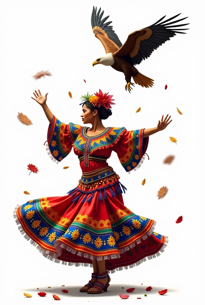 Create an image of a dancer in a typical cumbiambera costume that has a representation of the fauna and flora of the Colombian Andean region printed on it, where you can see the 3 typical animals and the three plants or flowers that represent the Andean region, as well as the figure of a condor flying on a white background.