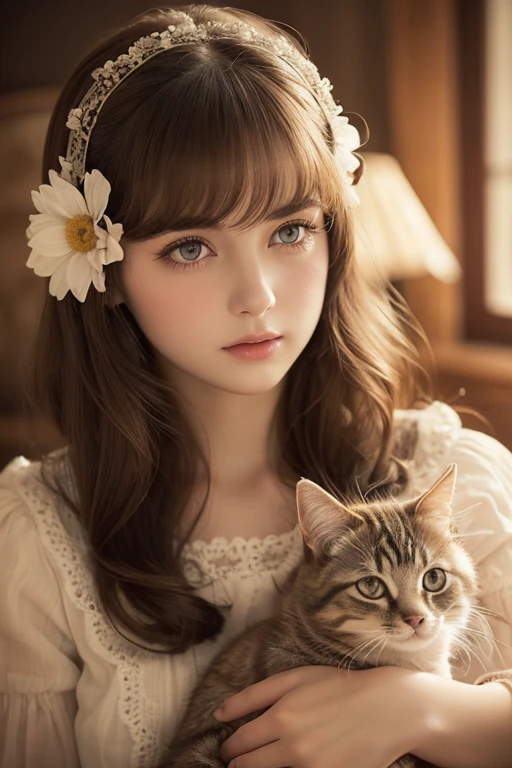 Girl with cat, Girl with a cute kitten,Sepia photos,Beautiful attention to detail,Beautiful lip detail,Highly detailed eyes and face,Long eyelashes,Vintage Style,Crocheted Flowers,1967,Soft lighting,Warm color palette,Film Grain Effect,Bokeh Background,Natural tones,A nostalgic feeling