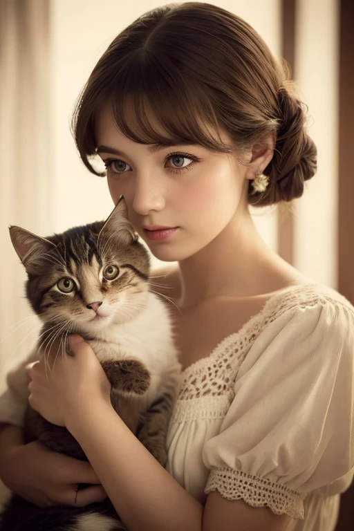 Girl with cat, Girl with a cute kitten,Sepia photos,Beautiful attention to detail,Beautiful lip detail,Highly detailed eyes and face,Long eyelashes,Vintage Style,Crocheted Flowers,1967,Soft lighting,Warm color palette,Film Grain Effect,Bokeh Background,Natural tones,A nostalgic feeling