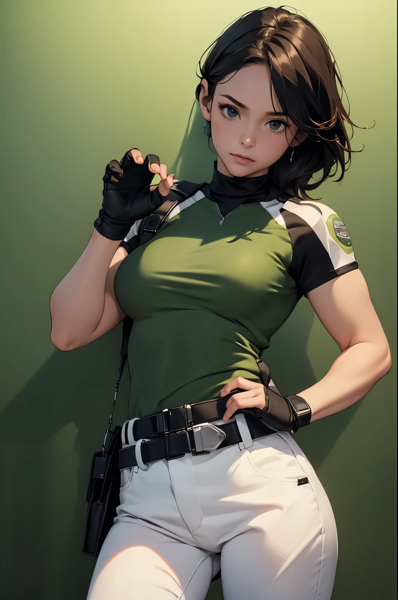 masterpiece, best quality:1.2), expressive eyes, perfect face, highres, 1 girl, solo, (female:1.5), chris redfield, green taut shirt, white pants, fingerless gloves, belt, hands to hip, standing, portrait, looking at the viewer,
