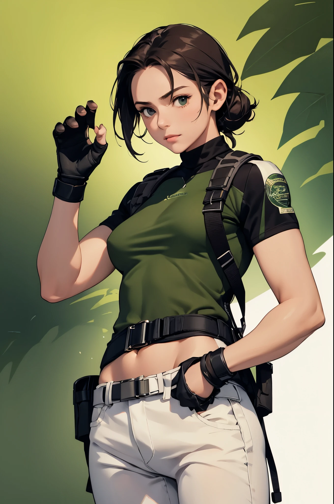 masterpiece, best quality:1.2), expressive eyes, perfect face, highres, 1 girl, solo, (female:1.5), chris redfield, green taut shirt, white pants, fingerless gloves, belt, hands to hip, standing, portrait, looking at the viewer,