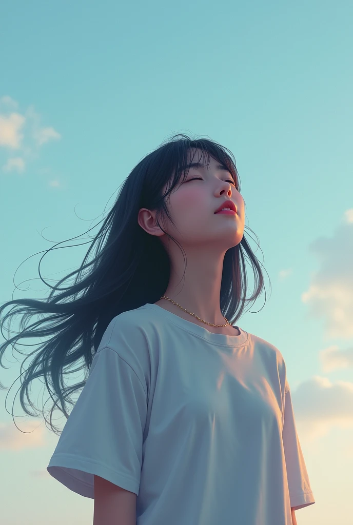 Create an image of a teenager with long hair, eyes closed, looking up at the sky..