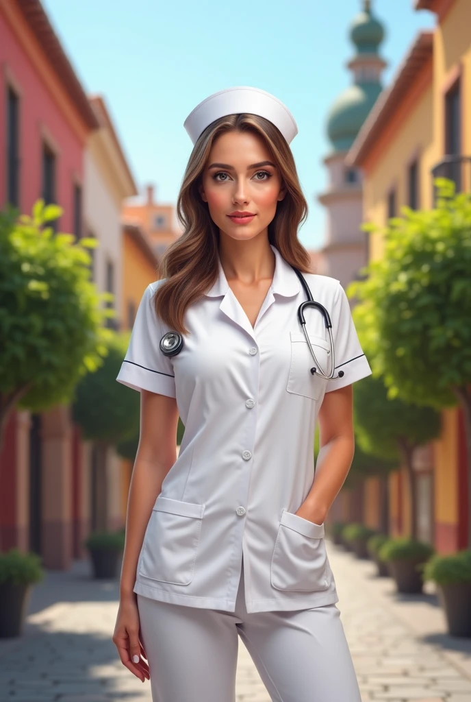 Nurse in Seville position with white pants in front view