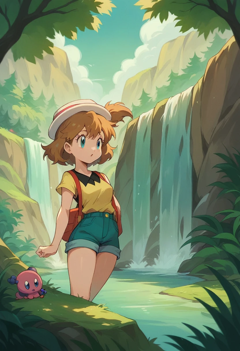 natural landscape, waterfall, wallpaper, Misty_pokemon , Berry Short, Orange Hair, one side up hair ,Big green eyes. serena (light brown hair, blue eyes, hat) high quality, 8k, high quality, original design, 